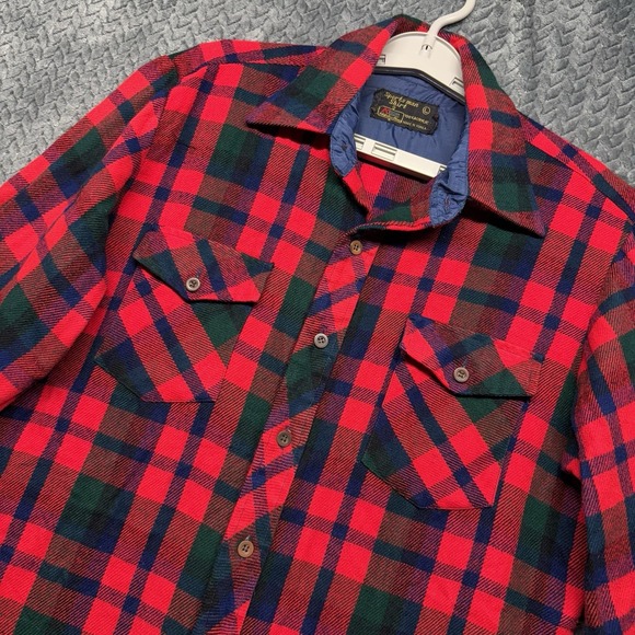 VTG Kmart Sportsman Shirt L Red Green Plaid Quilted Flannel Korea Made 70s 80s - Picture 1 of 9
